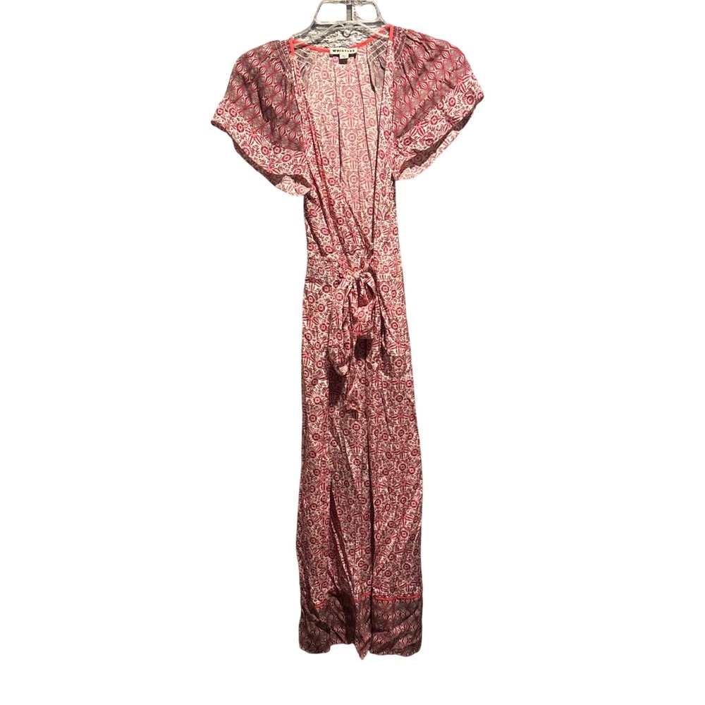 Whistles Red Floral Geometric Wrap Maxi Dress Short Sleeve V-Neck Pockets